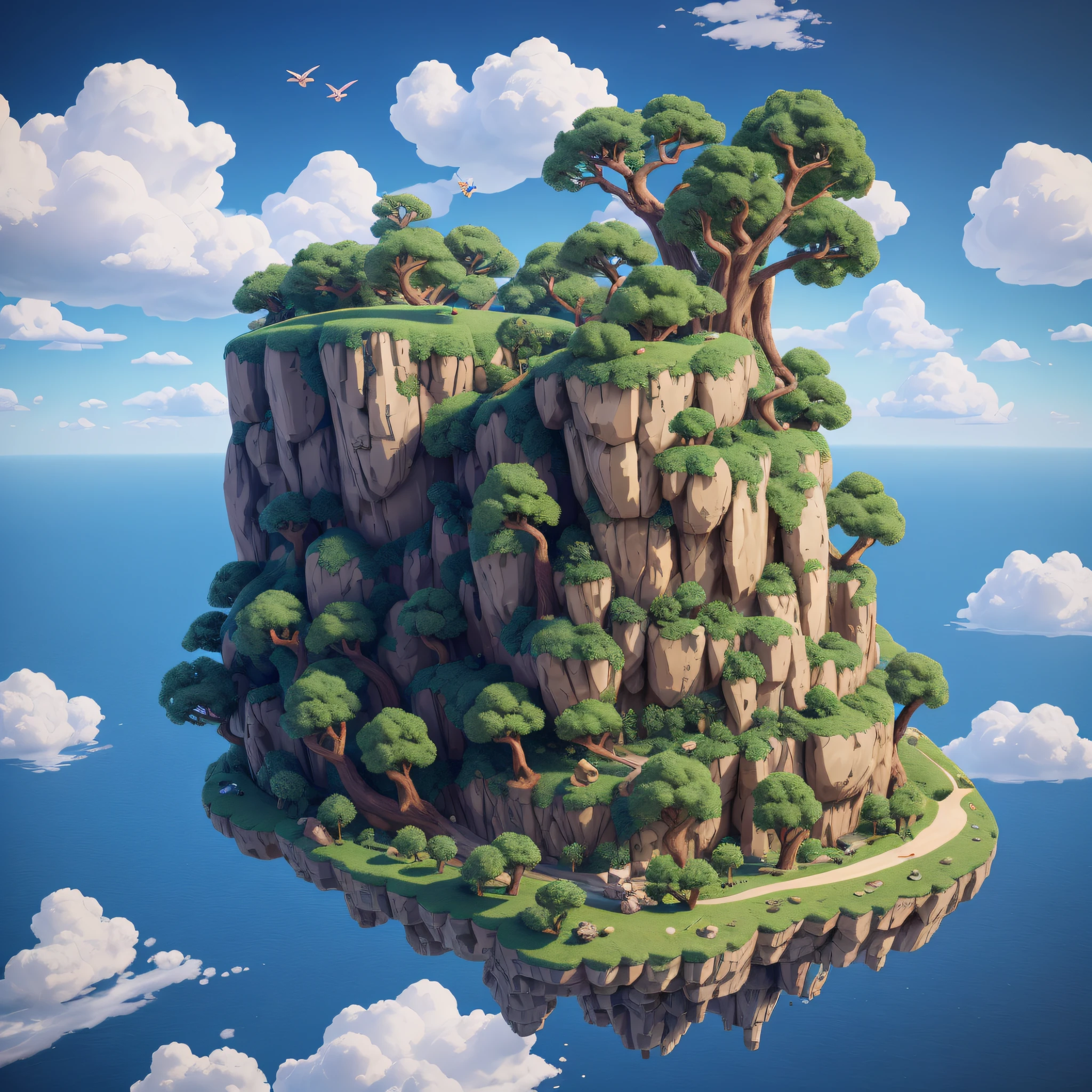 Pixel game，Design of game locations，Pixel Game Location，Pixel Forest，Rare clouds，16-bit pixel art, 3D render, Octane Render, axonometry, Good Dragon