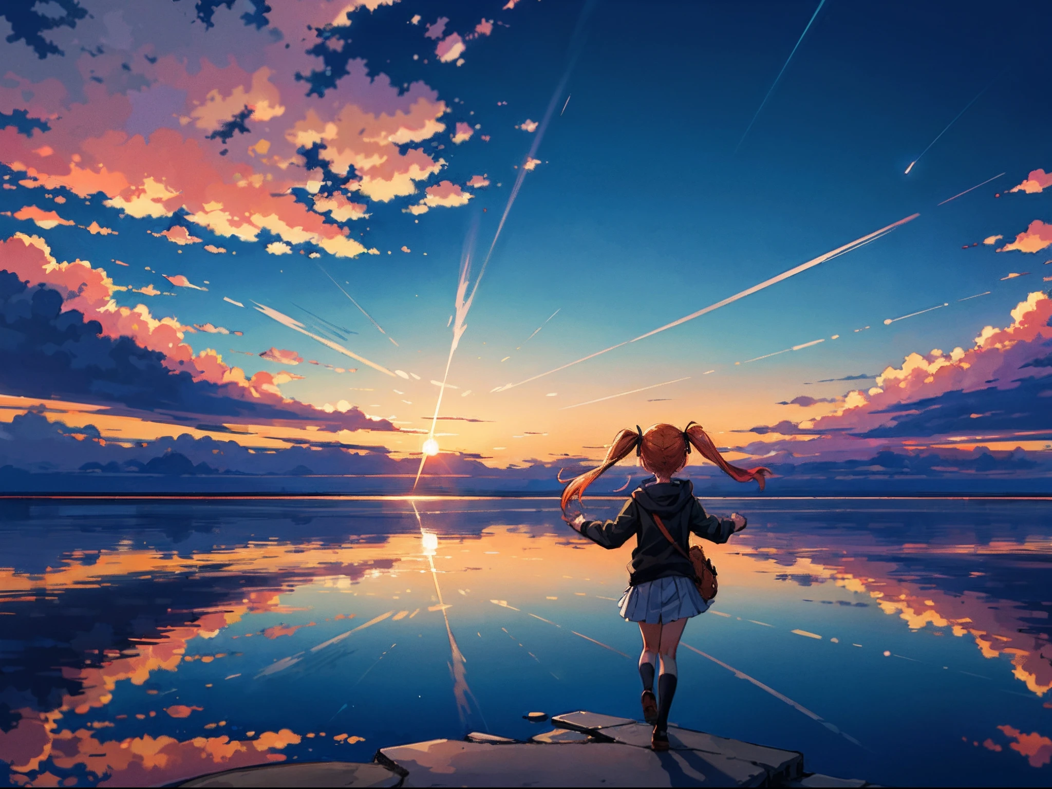 (anime sharp:1.2), Amidst the Uyuni Salt Flat, the orange-haired 4-year-old girl with twin tails walks through the expansive expanse, enveloped by the hues of the twilight sky. The setting sun casts a warm glow, reflecting off the blue sky and summer clouds that stretch out in all directions, crafting a breathtakingly beautiful tableau.