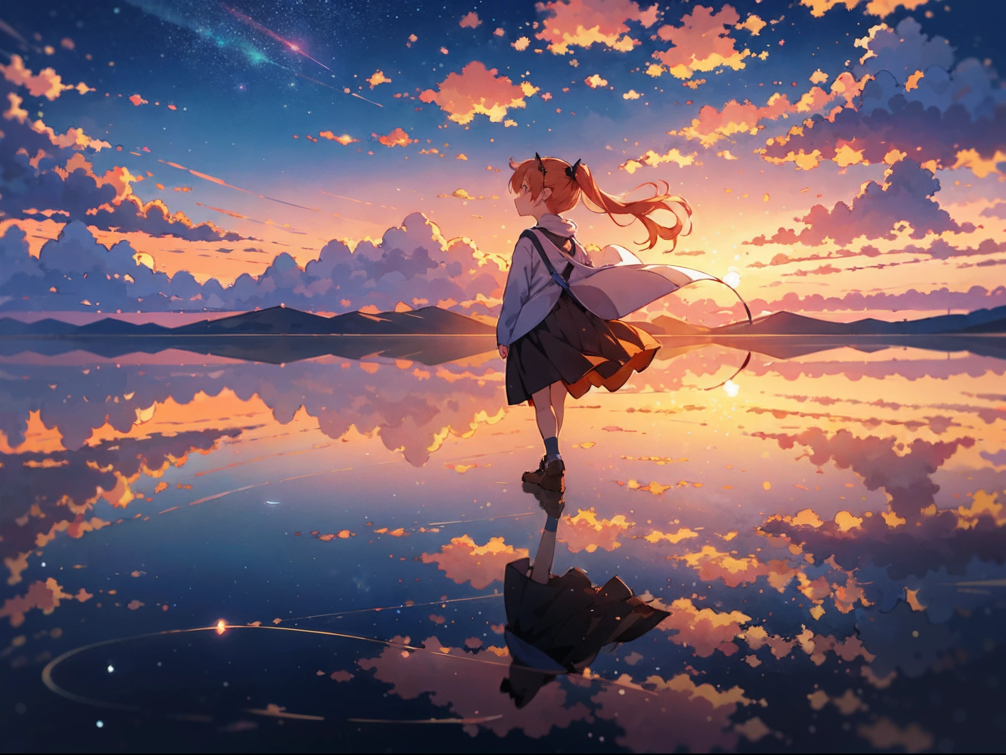 (anime sharp:1.2), Amidst the Uyuni Salt Flat, the orange-haired 4-year-old girl with twin tails walks through the expansive expanse, enveloped by the hues of the twilight sky. The setting sun casts a warm glow, reflecting off the blue sky and summer clouds that stretch out in all directions, crafting a breathtakingly beautiful tableau.