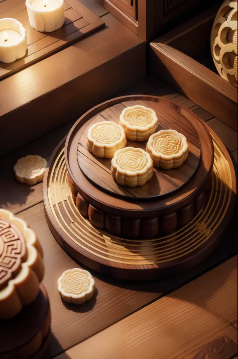 Mooncakes are placed on a wooden table，fotografia do produto，Traditional Chinese Mid-Autumn Festival atmosphere