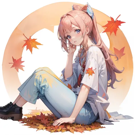 autumn leaves pattern white background, sitting in the middle, casual outfit