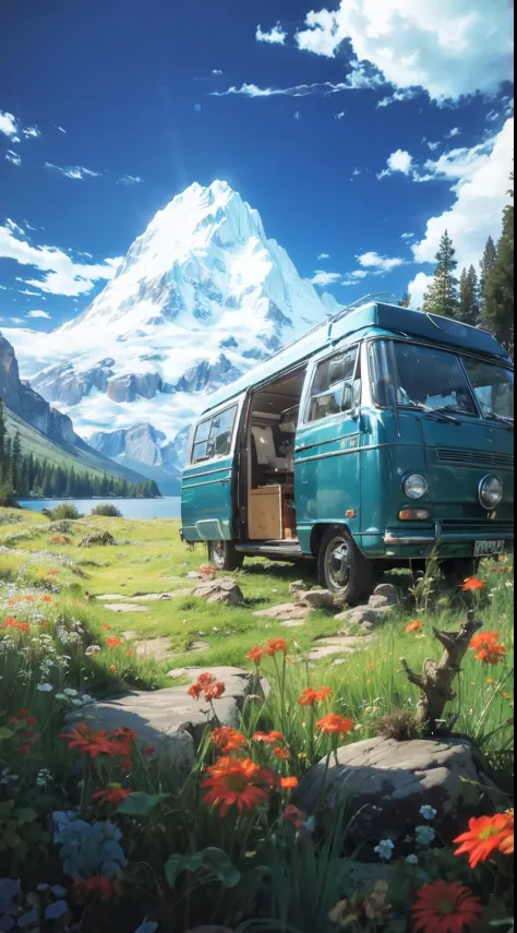 lanscape, 8k potrait of beautiful landscape with Campervan Car, rule of third photography, intricate, elegant, realistic depth o...