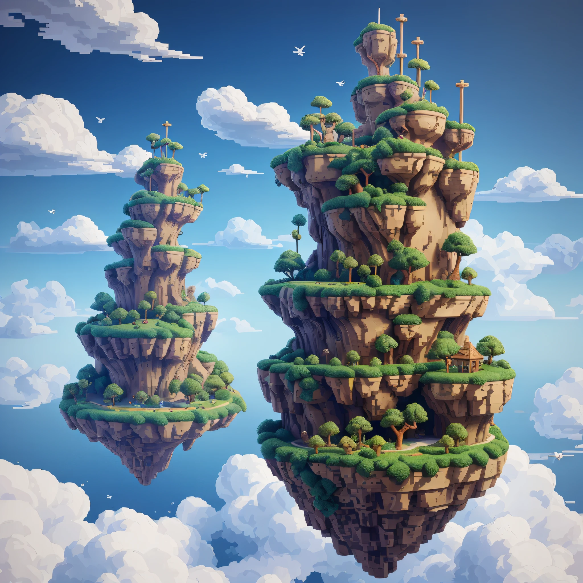 Pixel game，Gestaltung von Spielorten，Pixel-Spielstandort，Pixelwald，Seltene Wolken，16-bit pixel art, 3D render, Octane Render, Axonometrie, Guter Drache