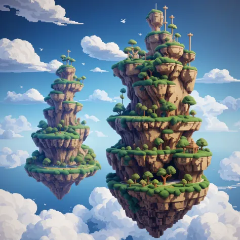 Pixel game，Design of game locations，Pixel Game Location，Pixel Forest，Rare clouds，16-bit pixel art, 3D render, Octane Render, axonometry, Good Dragon