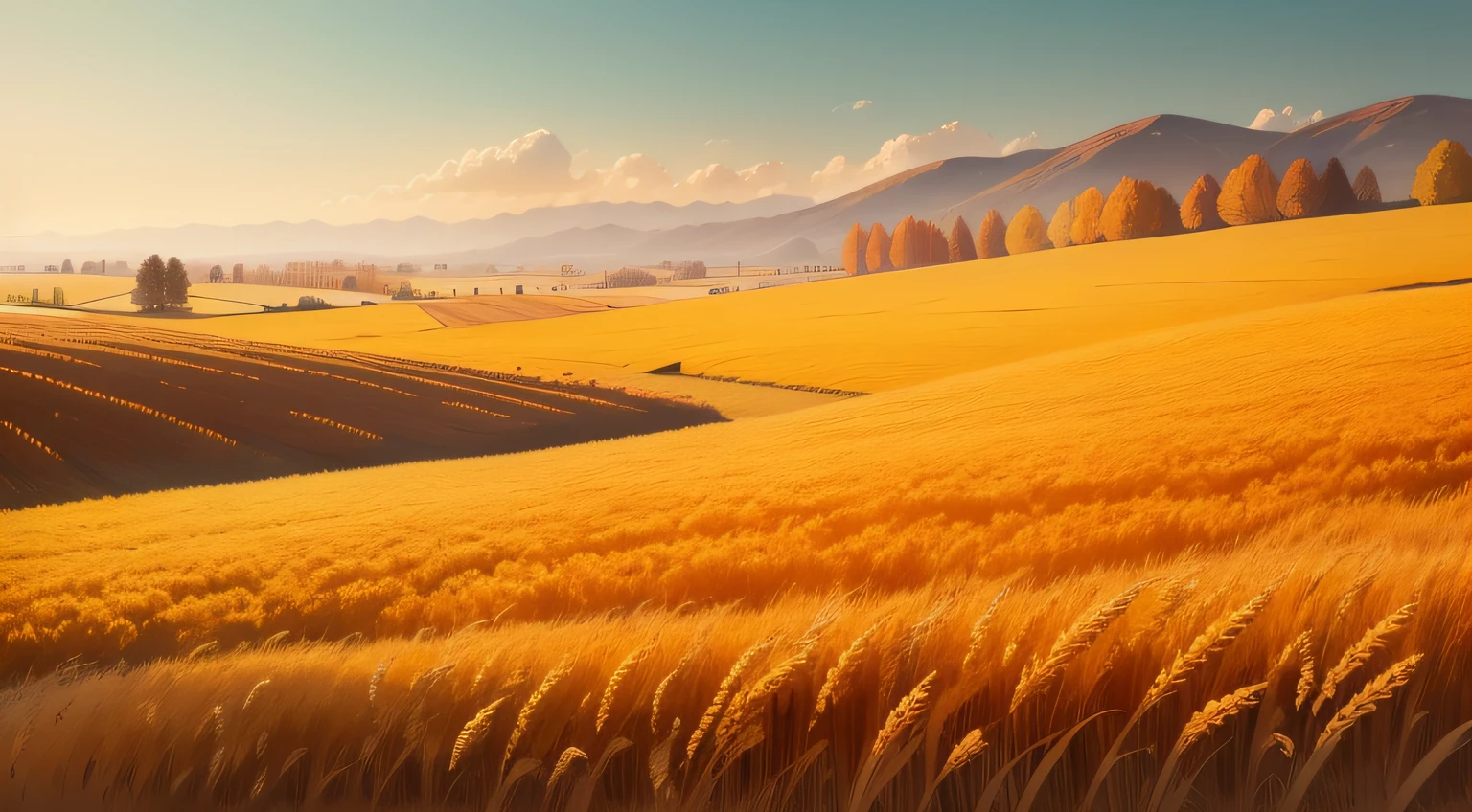 autumnal，wheat field，Flat illustration style，Ultra clear map