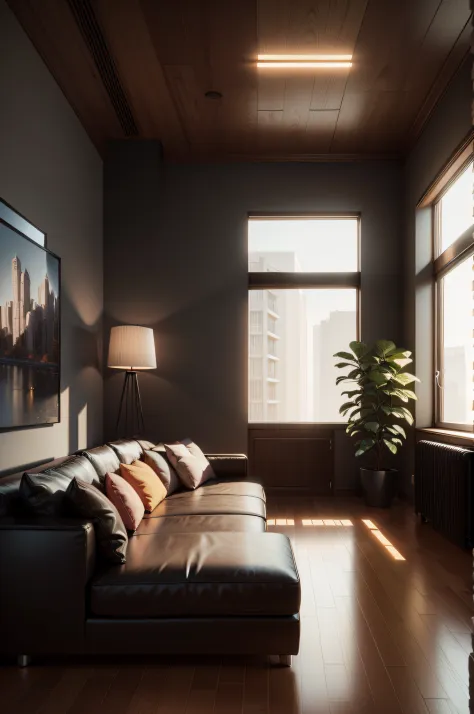 There is a brown sofa and a brown chair in the living room。, 3 d product render, Product rendering, placed in a large living room, designed for cozy aesthetics!, Have in the living room, placed in a living room, interior scenes, Unreal Engine 5 quality ren...