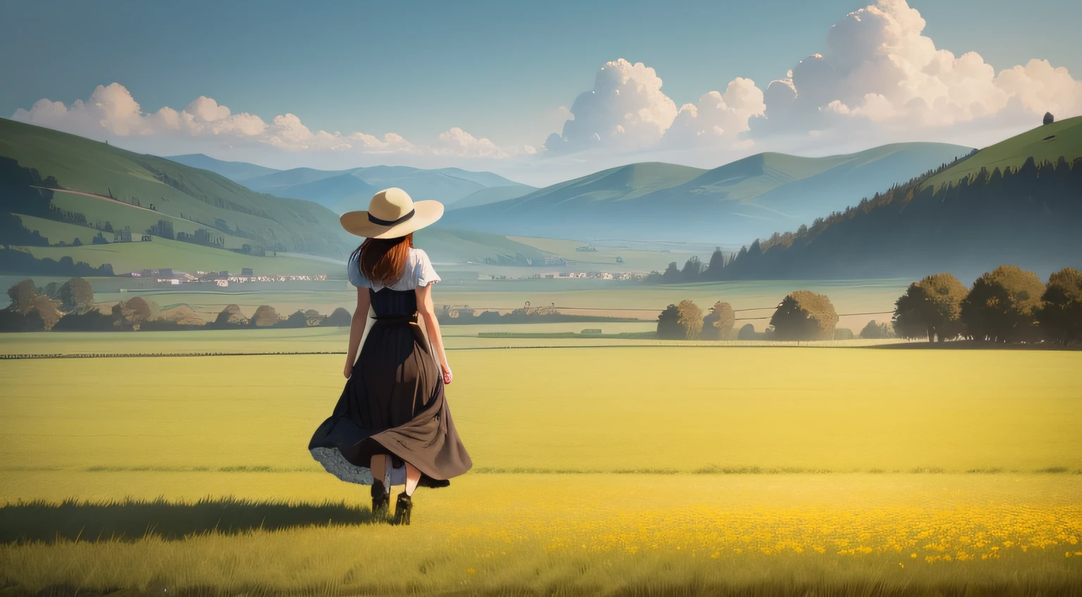 Girl back，Standing in the field with a hat and a slip dress，Flat illustration style，Ultra clear map