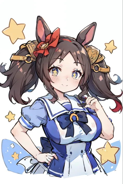 (marvelous sunday \(Umamusume\,Upper body,sketch,Presenting, :1.2)tracen school uniform,Summer uniform,A smile, Marl、Stars in the eyes、Watch the viewer, put hands on the hip, Dark hair, Twin-tailed, Hair Ornament, +_+, dynamicposes、dynamic ungle、Twin-taile...