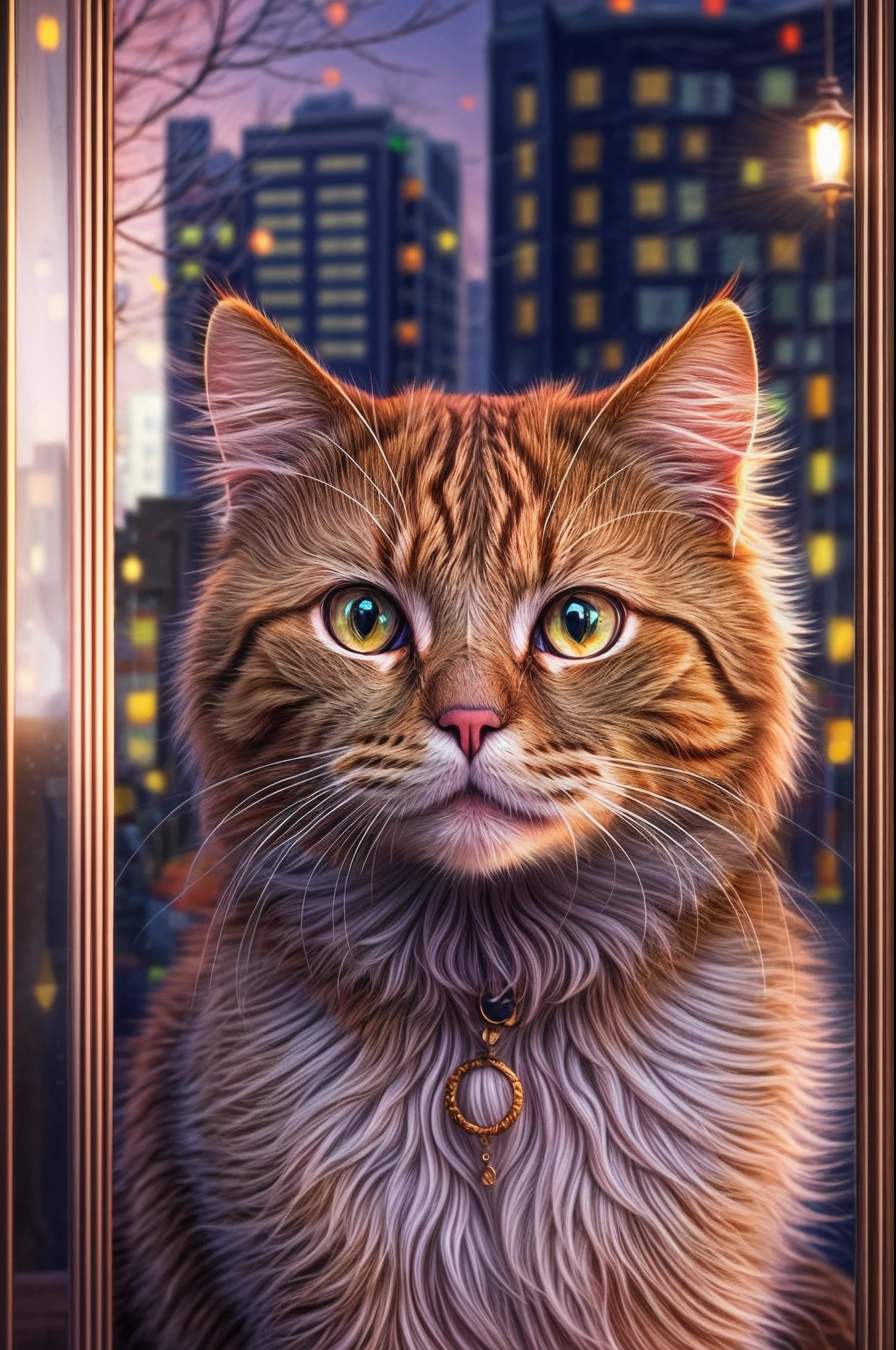 A beautiful, gentle-eyed ginger cat bathed in the twilight's soft prism within the city.