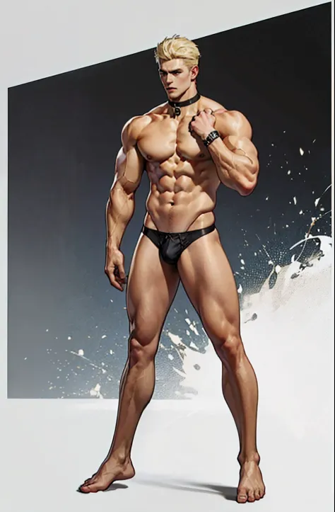 1male people, musculature, (((((nakeness))))), (((Solo))), The, Full body like, Handsome, Tall, chest muscle, Abs, Biceps, Collar, Thigh muscles, ((((Legs are bare from thighs to toes))))), Black background, (((Bust))), short detailed hair, leather panties...