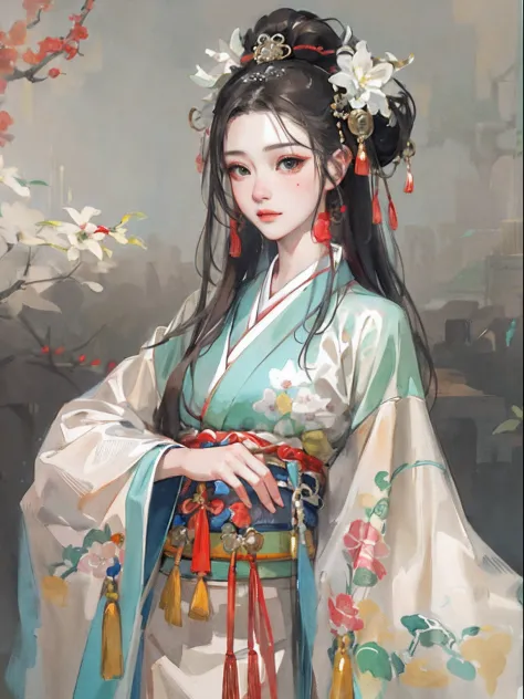 （tmasterpiece：1.2，best qualtiy），（Very detailed face，Real pictures，Realistic skin，photorealistic body，Complicated details），独奏，1girll，Traditional Chinese clothing，Tang dynasty Hanfu，（aquarelle：1.3），Oiran，