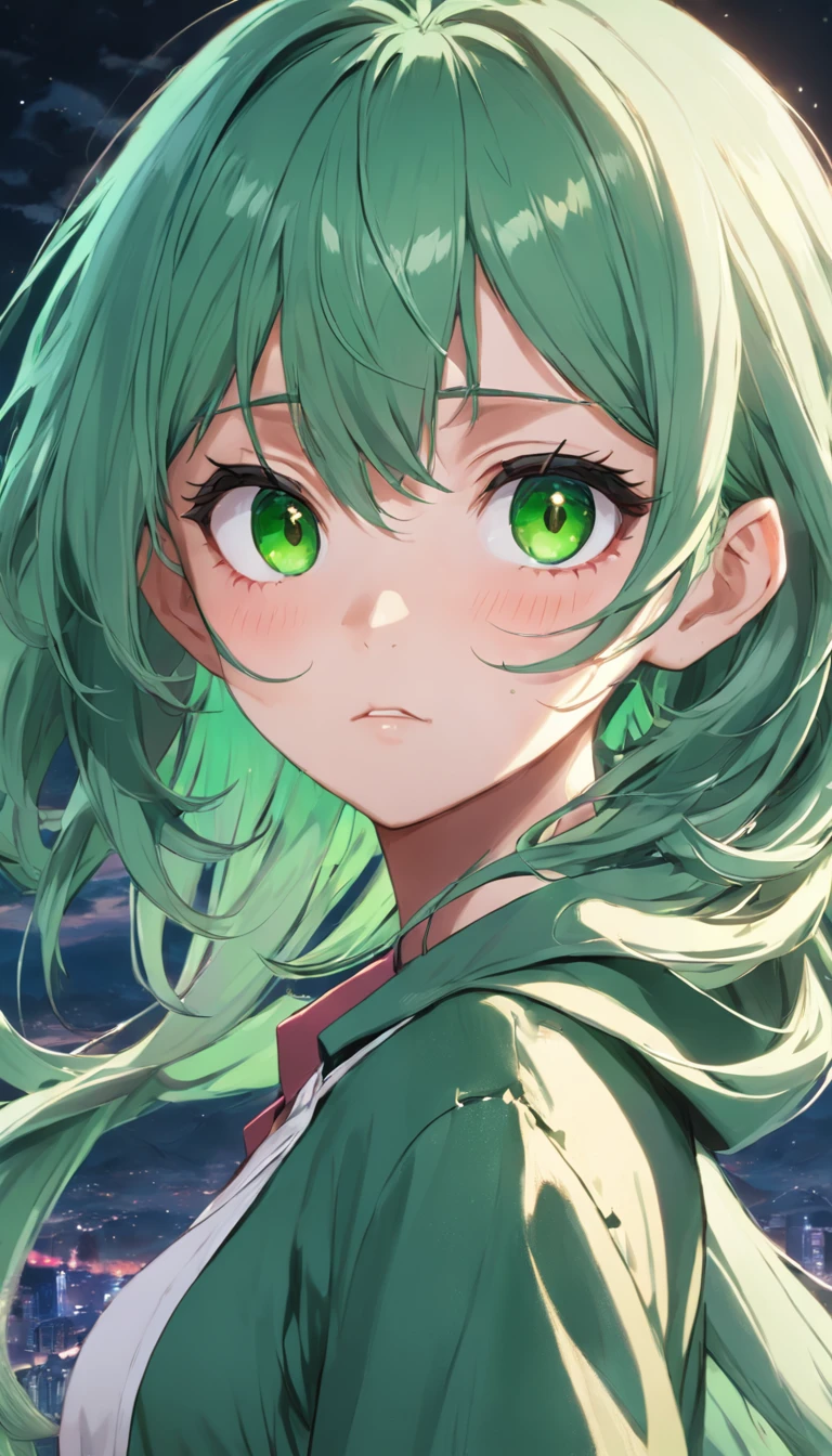 Anime girl with green eyes and long hair standing in front of a city -  SeaArt AI