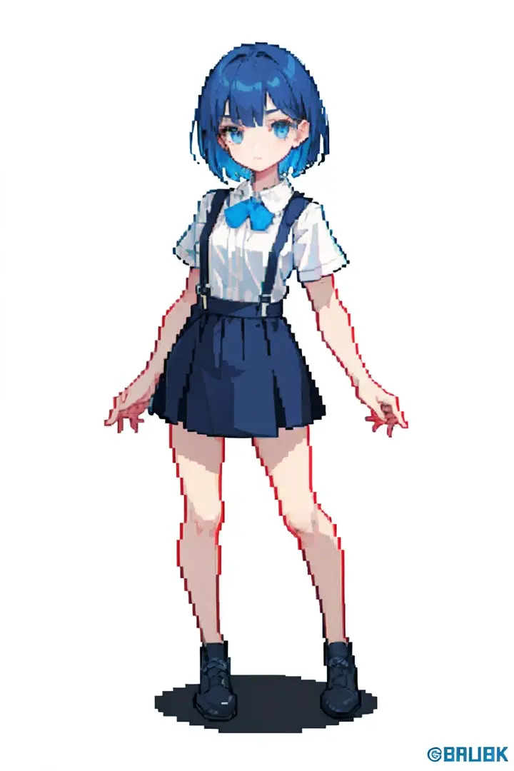 (Masterpiece, Top Quality, Best Quality), Pixel, Pixel Art, 1girl, Full Body, Suspenders, Short Skirt, Bluehaired Girl, Pretty