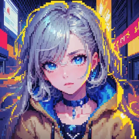 ((the style of pixel art)), pix, 4-bit pixel art, 1 boys close, face only, beige hair, blue hairs, blue eyes,  choker necklace,l...