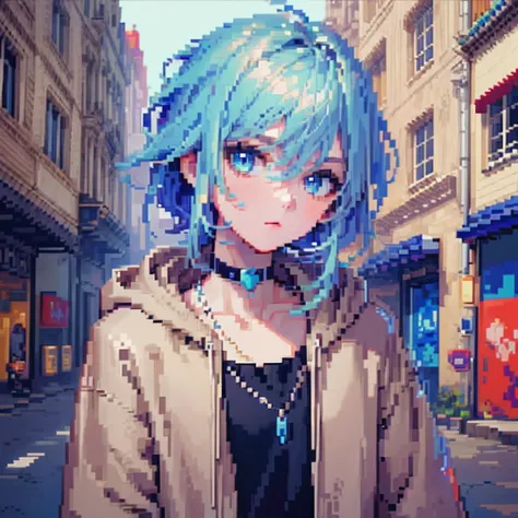 ((The style of pixel art)), pix, 4-bit pixel art, 1 Boys close, Face only, Beige hair, blue hairs, Blue eyes,  choker necklace,L...