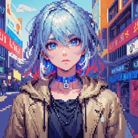 ((the style of pixel art)), pix, 4-bit pixel art, 1 boys close, face only, beige hair, blue hairs, blue eyes,  choker necklace,l...