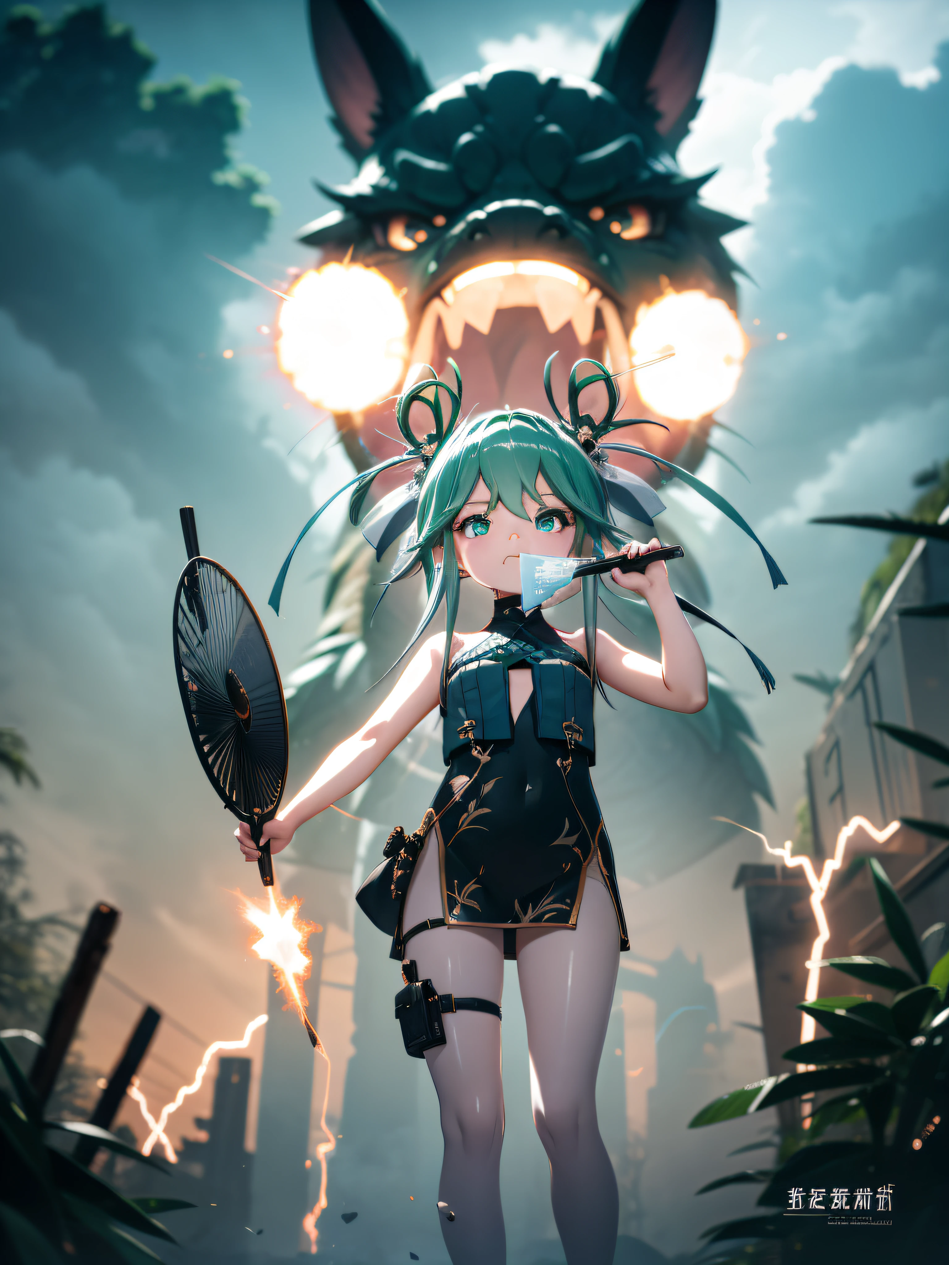 Little girl, standing in front of the dragon statue, holding fan, glaze expression, wearing a green China short dress, heels, Beautiful eyes, close up, lightning effect, lightning particle, outdoor, masterpiece