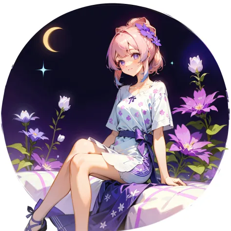 purple flower pattern white background, sitting in the middle, casual outfit