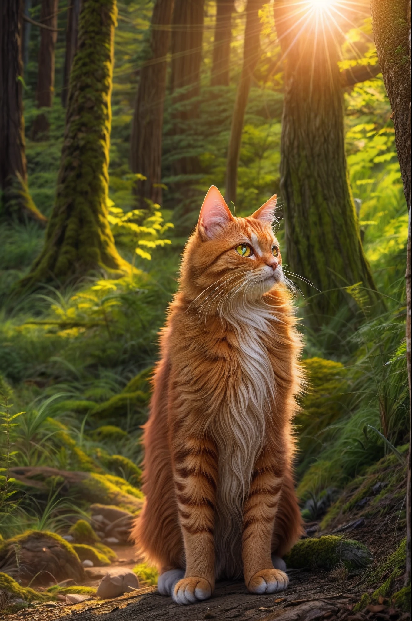 um gato ruivo, um mago na floresta, Iluminado pelo sol poente.