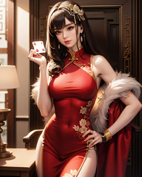 （（Best quality，tmasterpiece，A high resolution，CG）），（The face is good，It was perfect）tmasterpiece，Need，（Chinese style elements），Curly brown hair，A cheongsam that completely covers the chest（Pink cheongsam），Embroidered pattern cheongsam，Elemental hair access...