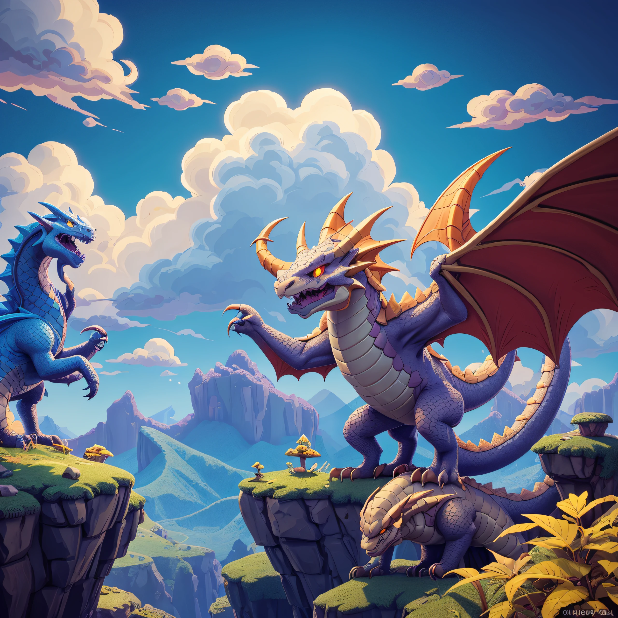 Pixel game，Game Character Design，Good Dragon，Dragon smiling, A dragon looks like a happy one, Pixel Mountains，Pixel clouds，16-bit pixel art, 3D Rendering, Octane Render, axonometry, bright colours, Texture smoothing, dinamic lighting