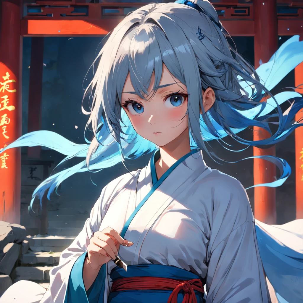 The beautiful girl is wearing a Taoist robe and holding a knife in her hand, her expression is relaxed and natural，The head was slightly raised，Danfeng's eyes narrowed slightly，Looking at the clear blue sky