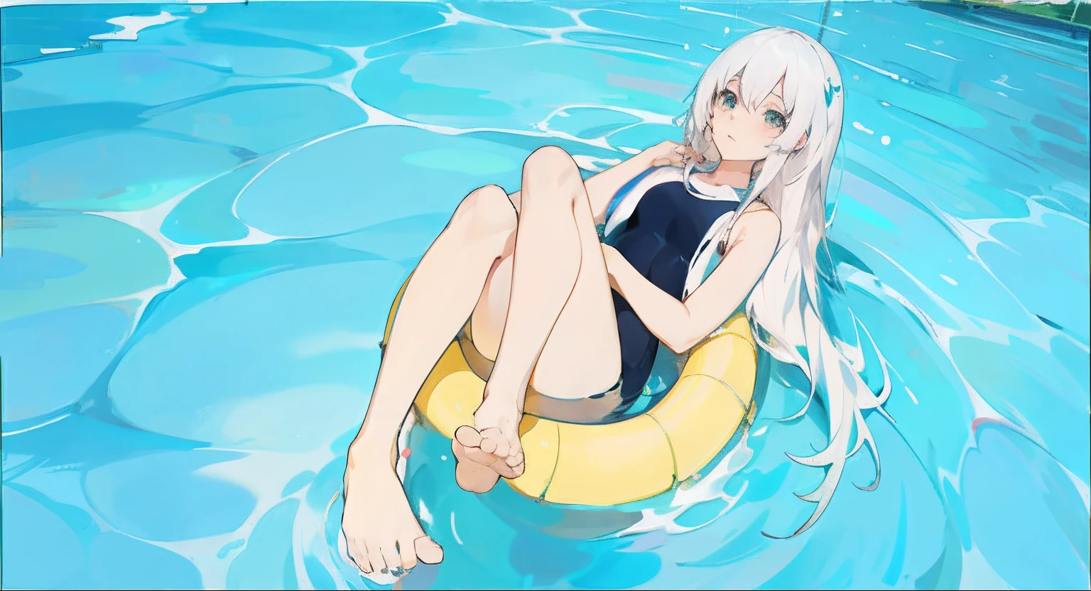 Anime girl in a swim suit sitting on a yellow raft in a pool - SeaArt AI