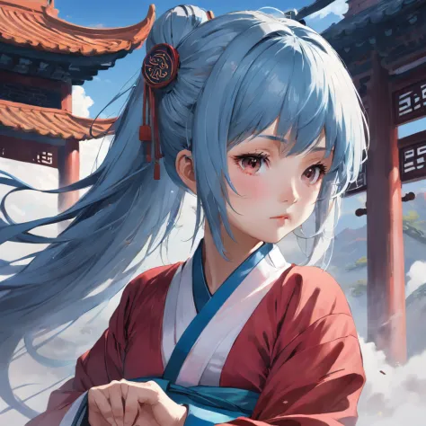 The beautiful girl is wearing a Taoist robe，With a knife in his hand, Her expression was relaxed and natural，The head was slightly raised，Danfeng's eyes narrowed slightly，Looking at the clear blue sky