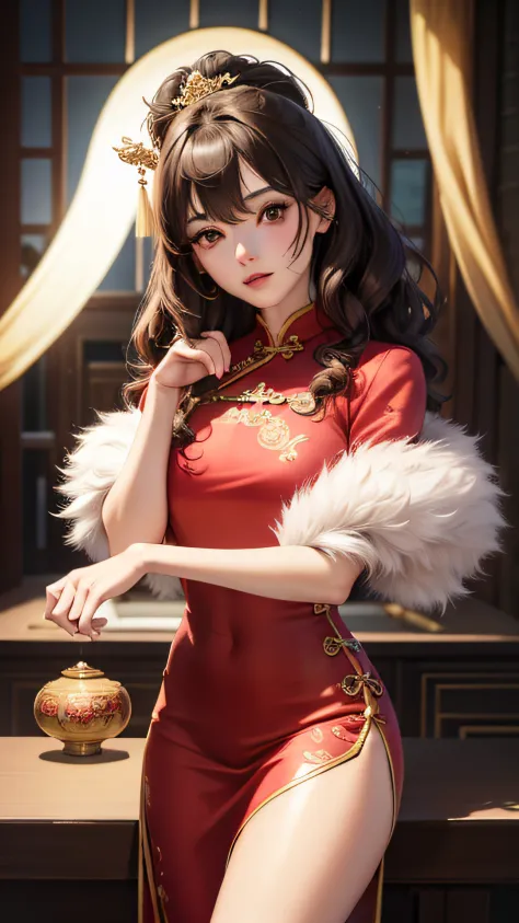 （（Best quality，tmasterpiece，A high resolution，CG）），（The face is good，It was perfect）tmasterpiece，Need，（Chinese style elements），curly brown hair，A cheongsam that completely covers the chest（Pink cheongsam），Embroidered pattern cheongsam，Elemental hair access...
