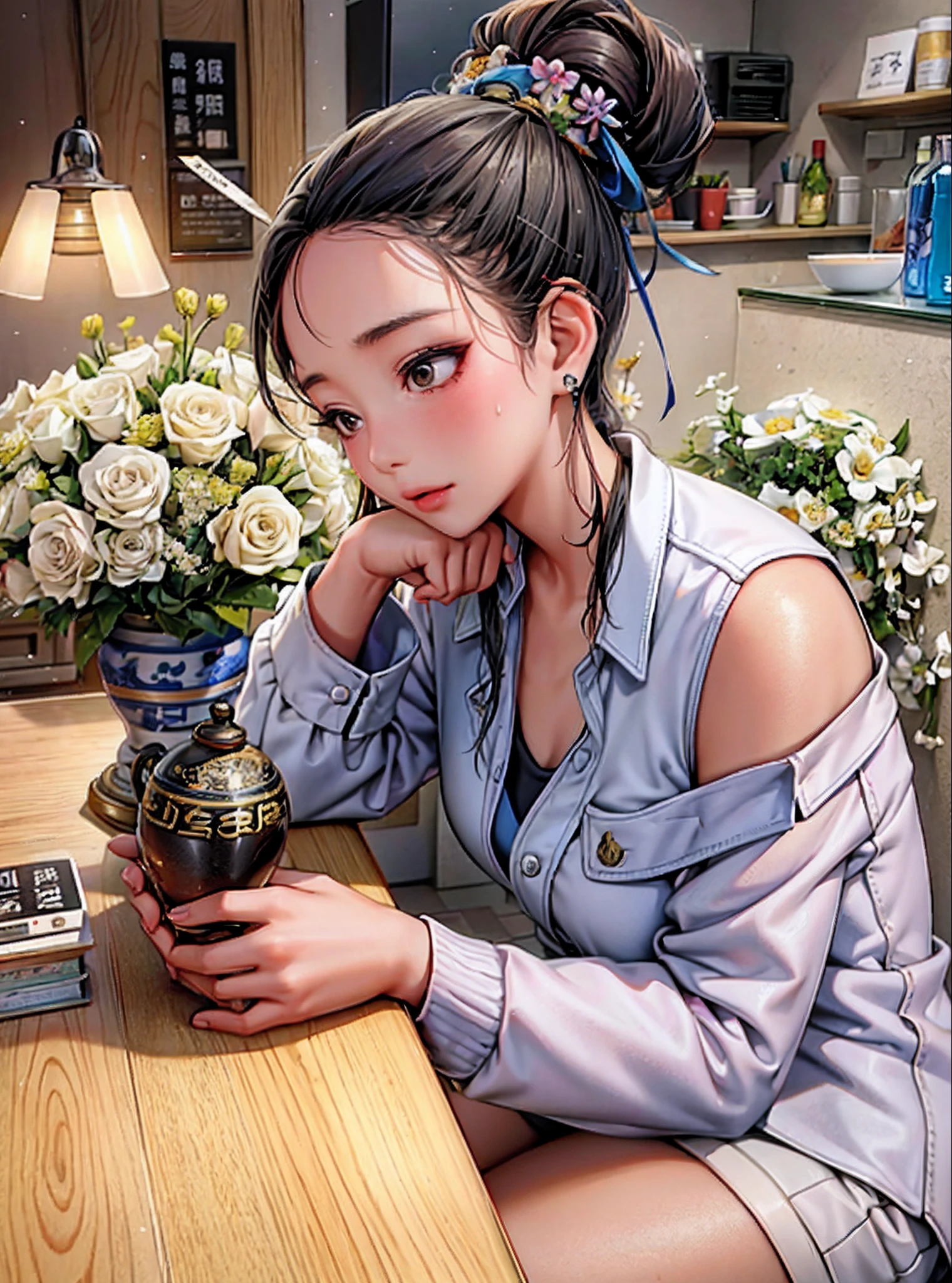 There was a woman sitting at the table，Holding a vase of flowers in his hand, With flowers, dilraba dilmurat, 19-year-old girl, xintong chen, she is about 2 5 years old, Handsome girl, Cai Xukun, she is about 1 6 years old, she is about 20 years old, she is about 2 0 years old