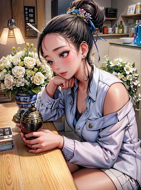 there was a woman sitting at the table，holding a vase of flowers in his hand, with flowers, dilraba dilmurat, 19-year-old girl, ...