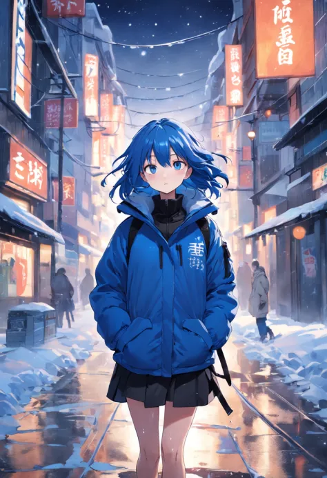Klein blue hair，White down jacket，snowfield，being thin，With black-framed glasses，Put your hands in your pockets，arm，Cold