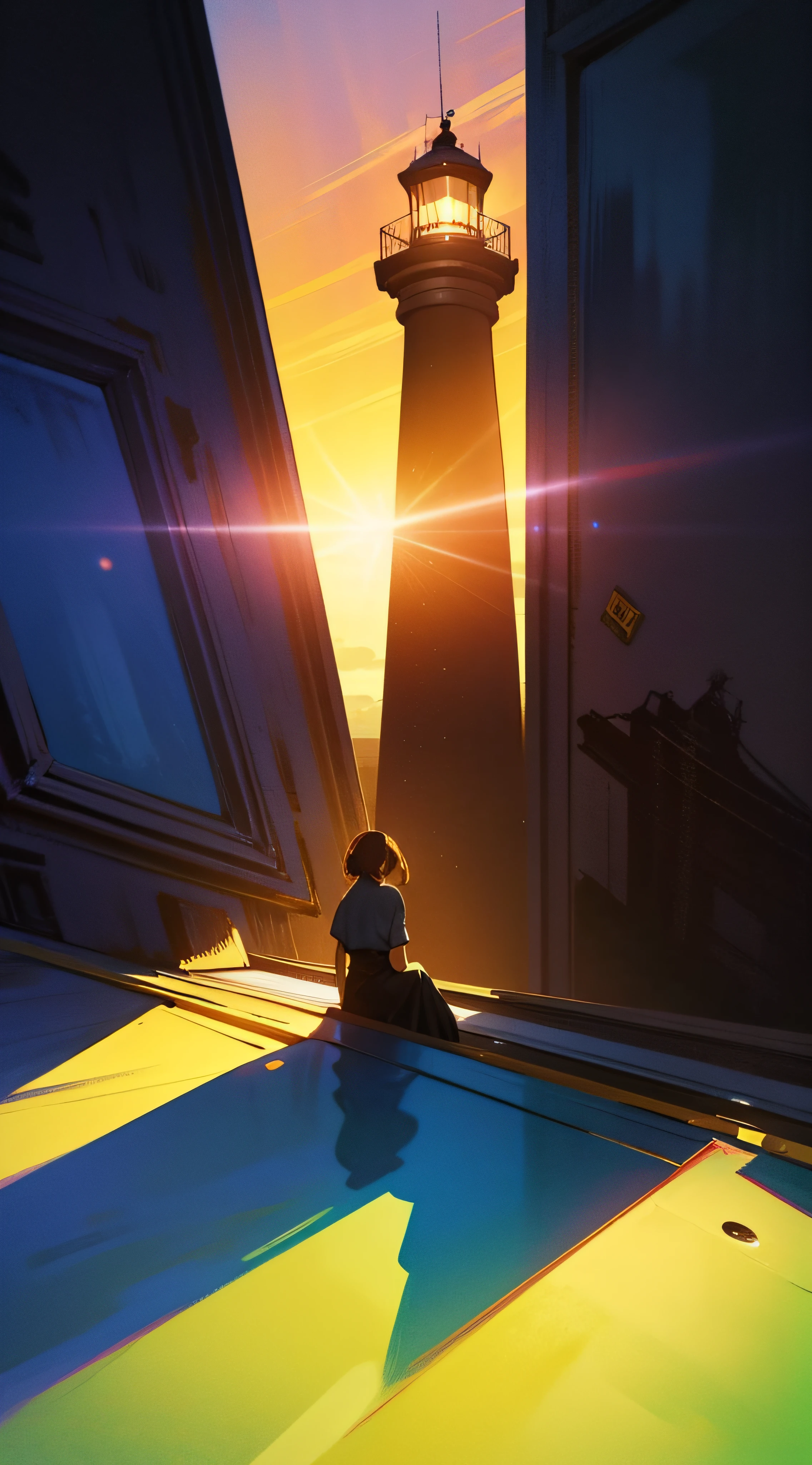 edward_hopper painting,1 girl, at the top of a lighthouse,  gigantic bulb illuminated,  sunset:1.3, distant ships, edward_hopper_style, light and shadow, desolate feel, edward_hopper_realism, edward_hopper_illustration, sense of desperation,