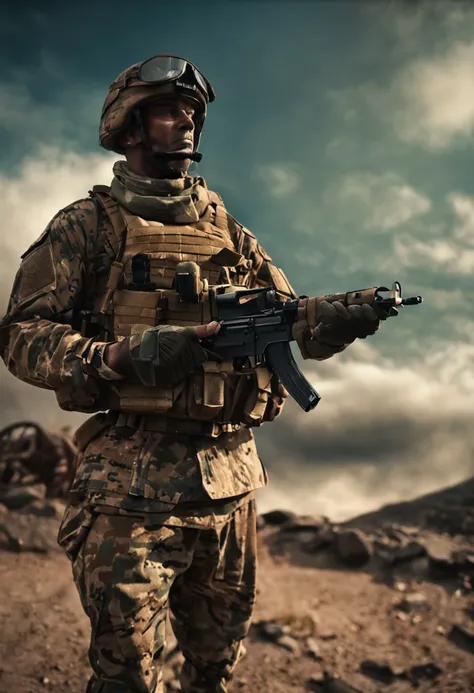 military police soldier sitting on a rock with a rifle and a futuristic ...