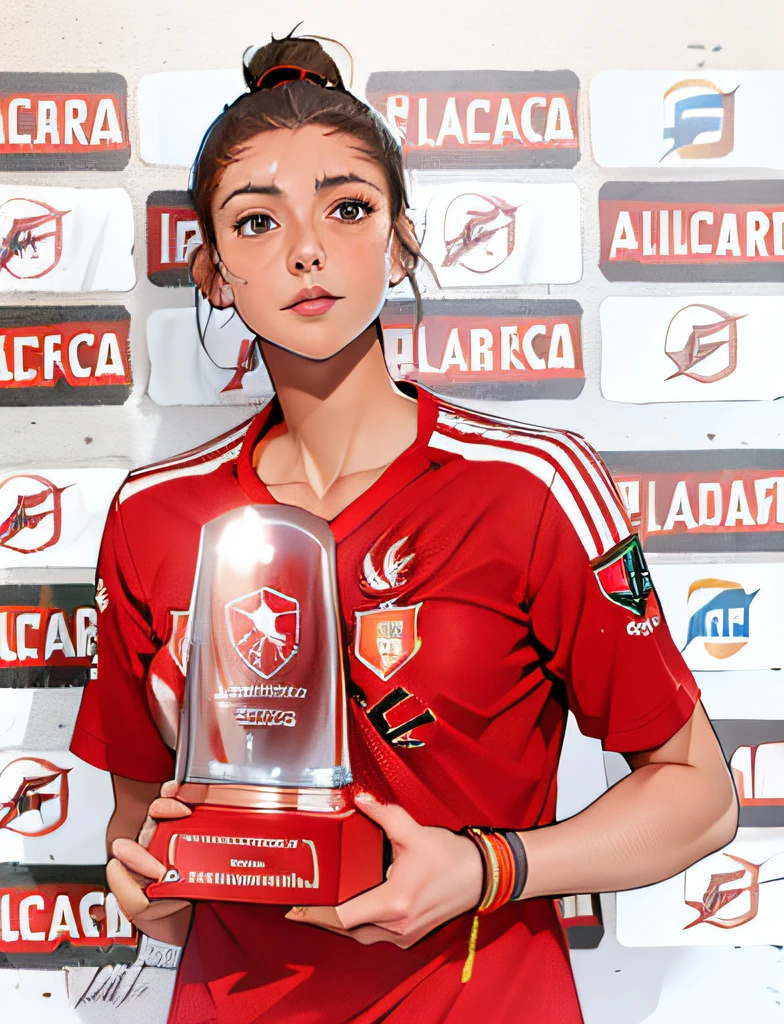 Eine Frau mit kurzen dunklen Haaren in einem roten Benfica-Trikot hält einen Pokal vor einer Wand, Simona Sbaffi ist die Kapitänin, sieht aus wie Fabiula Natal, malika favre, fernanda suárez, Magdalena öfter, Laszlo Szabados, Angelina Stroganova, Julia Fuentes, aleksandra waliszewska