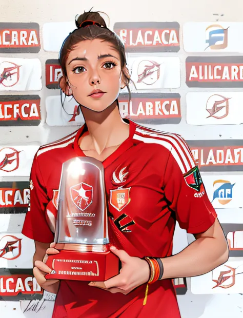 arafed woman short dark hair in a Benfica red shirt holding a trophy in front of a wall, simona sbaffi is the captain, looks lik...
