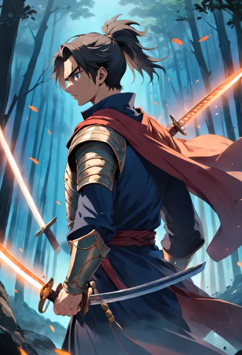 1 man，A warrior in his 20s，High ponytail，The hair is blown by the wind，With a cloak，Dressed in chivalrous customer service，Very handsome，His face was grim，Face away from the camera，Look back at the camera，Sword in hand，In the bamboo forest