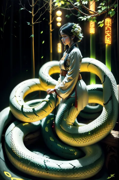 snake girl，Snake tail，White Hanfu，ln the forest，Fluorescence，