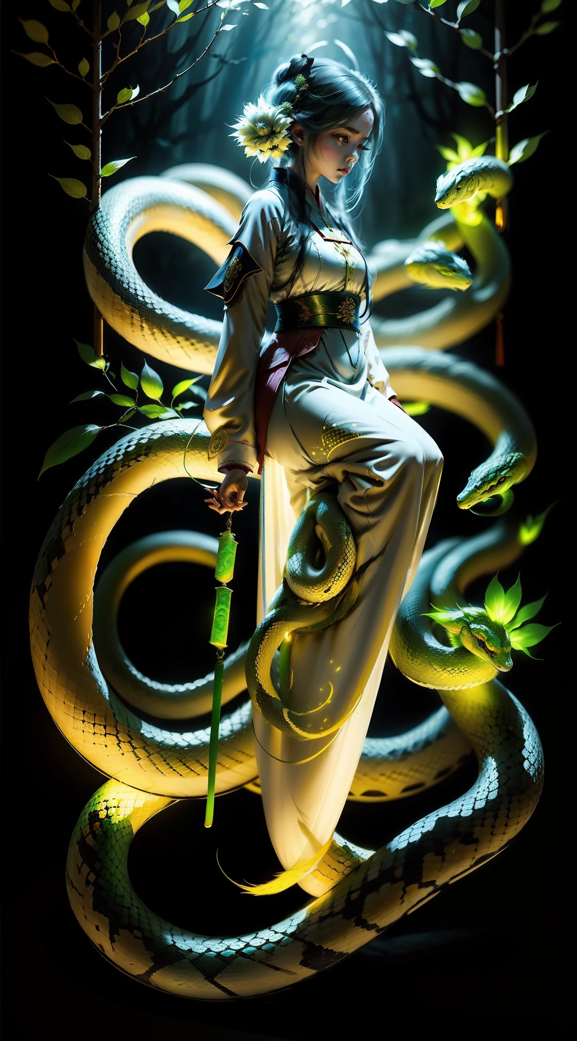 snake girl，Snake tail，White Hanfu，ln the forest，Fluorescence，