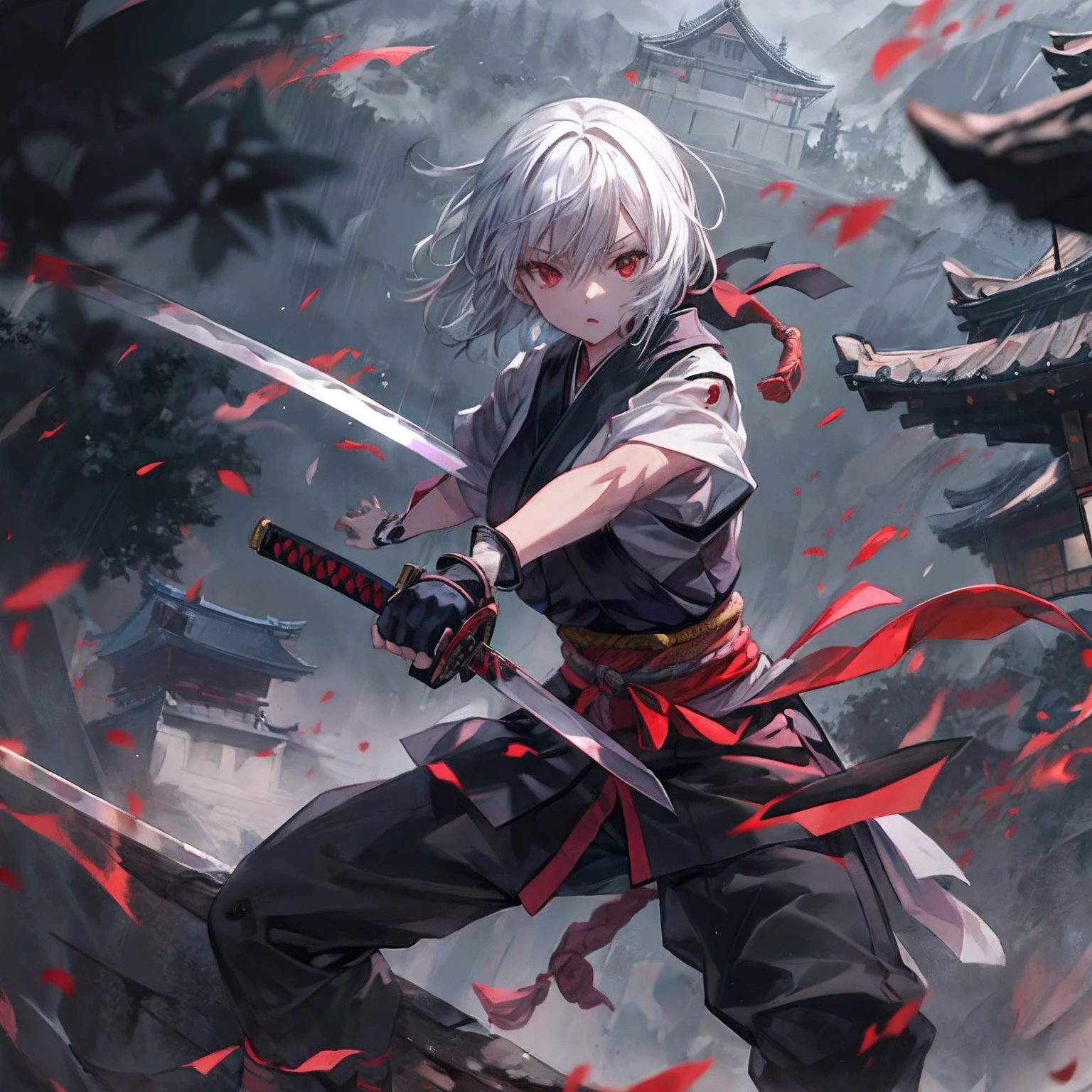 japanese castle background,1 ninja,sarashi,black bandana,black ninja,white hair,short hair,red eyes,Japanese sword,swing a sword,depth of field,foreshortening,fighting stance,upper body,1girl