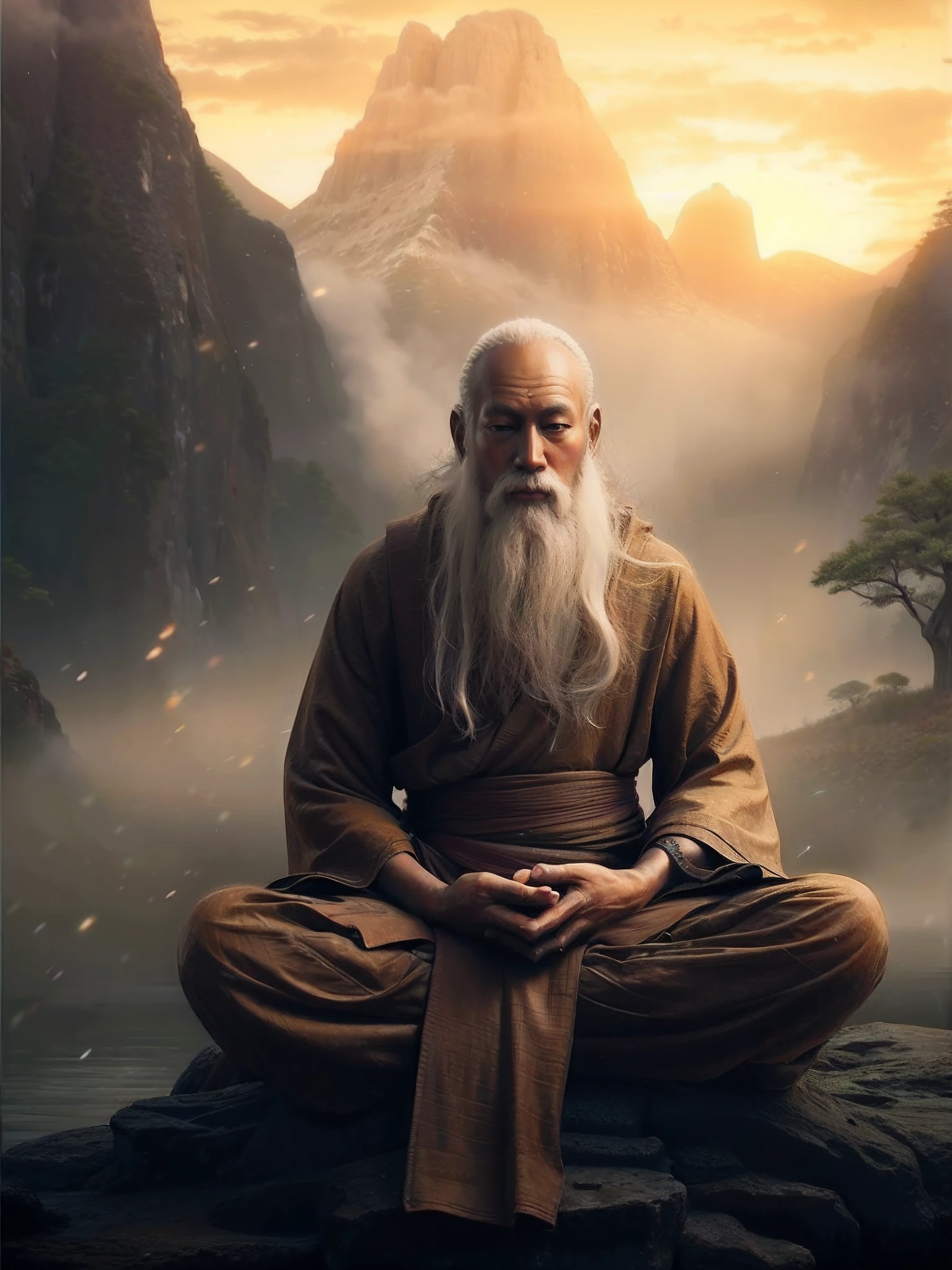 Alphard man sitting on a rock in front of a mountain, Monk Meditation, zen meditation, Master of Taoism, ancient japanese monk, Buddhist Monk Meditation, Saint looking at the ground, Taoist, Daoism, Zen aesthetics, portrait of monk, Daoism, Powerful Zen Compositions, A meditative, Qigong, Zen Cyberpunk Meditation