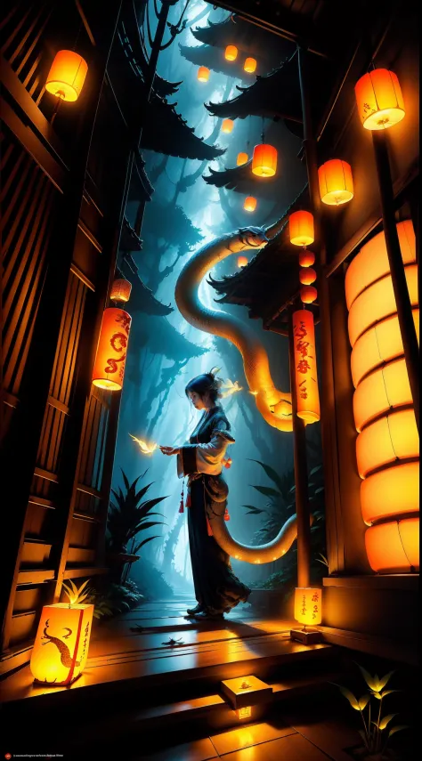 snake girl，Snake tail，White Hanfu，Lanterns，bamboo forrest，Lodge，Fluorescence，A bird that can fly，Small animals，