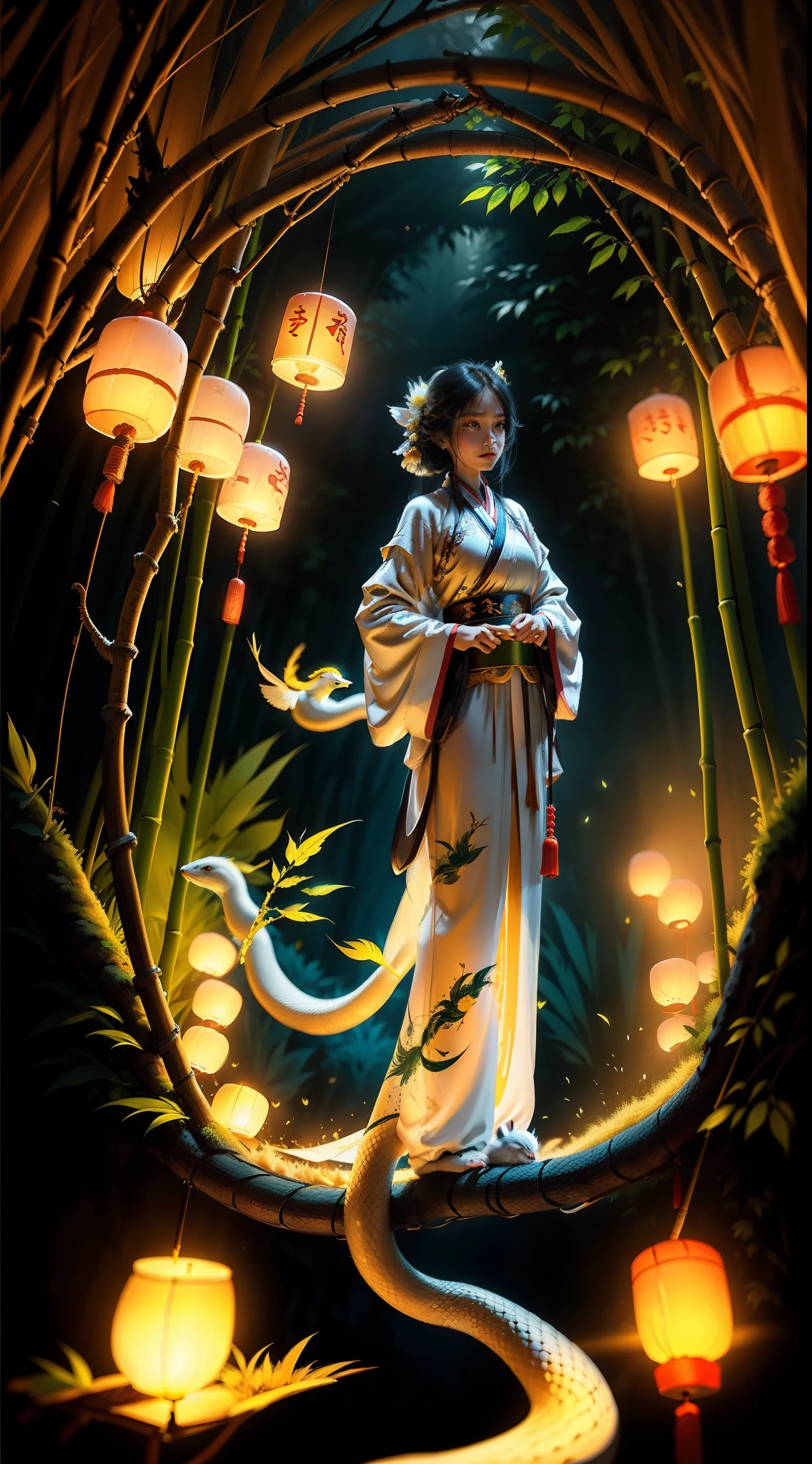 snake girl，Snake tail，White Hanfu，Lanterns，bamboo forrest，Lodge，Fluorescence，A bird that can fly，Small animals，