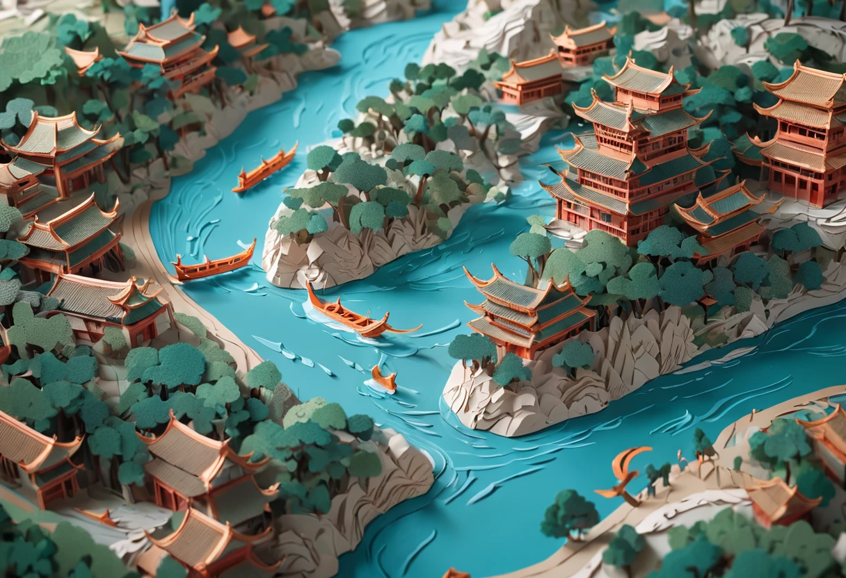 Close-up of paper cut of the upper river map of Qingming, paper art, intricate 3 d illustration, layered paper art, detailed scenic view , paper modeling art, 4K detailed digital art, 4k highly detailed digital art, 3D digital art 4K, scenery art detailed, Detailed digital 3D art, arte em papel cortado，