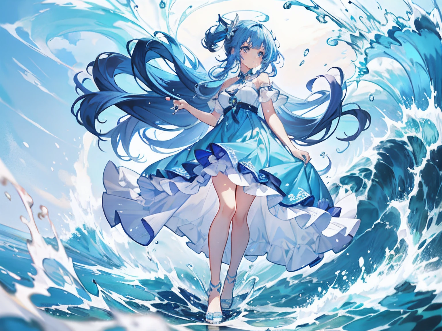 바다의 파도 위에 서 있는 파란 드레스를 입은 애니메이션 소녀, 벽지 애니메이션 푸른 물, 바다의 여신, 물의 정령, 스플래시 아트 애니메이션 Loli, 하늘빛 바다, 아트스테이션 pixiv에서 인기를 끌고 있는, pixiv의 디지털 아트, 바다의 여신, 물 위를 걷는 애니메이션 소녀, pixiv 콘테스트 우승자, 푸른 물의 파도, 
