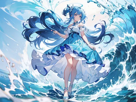 Anime girl in blue dress standing on waves in ocean, wallpaper anime blue water, goddess of the sea, water elemental, Splash art...