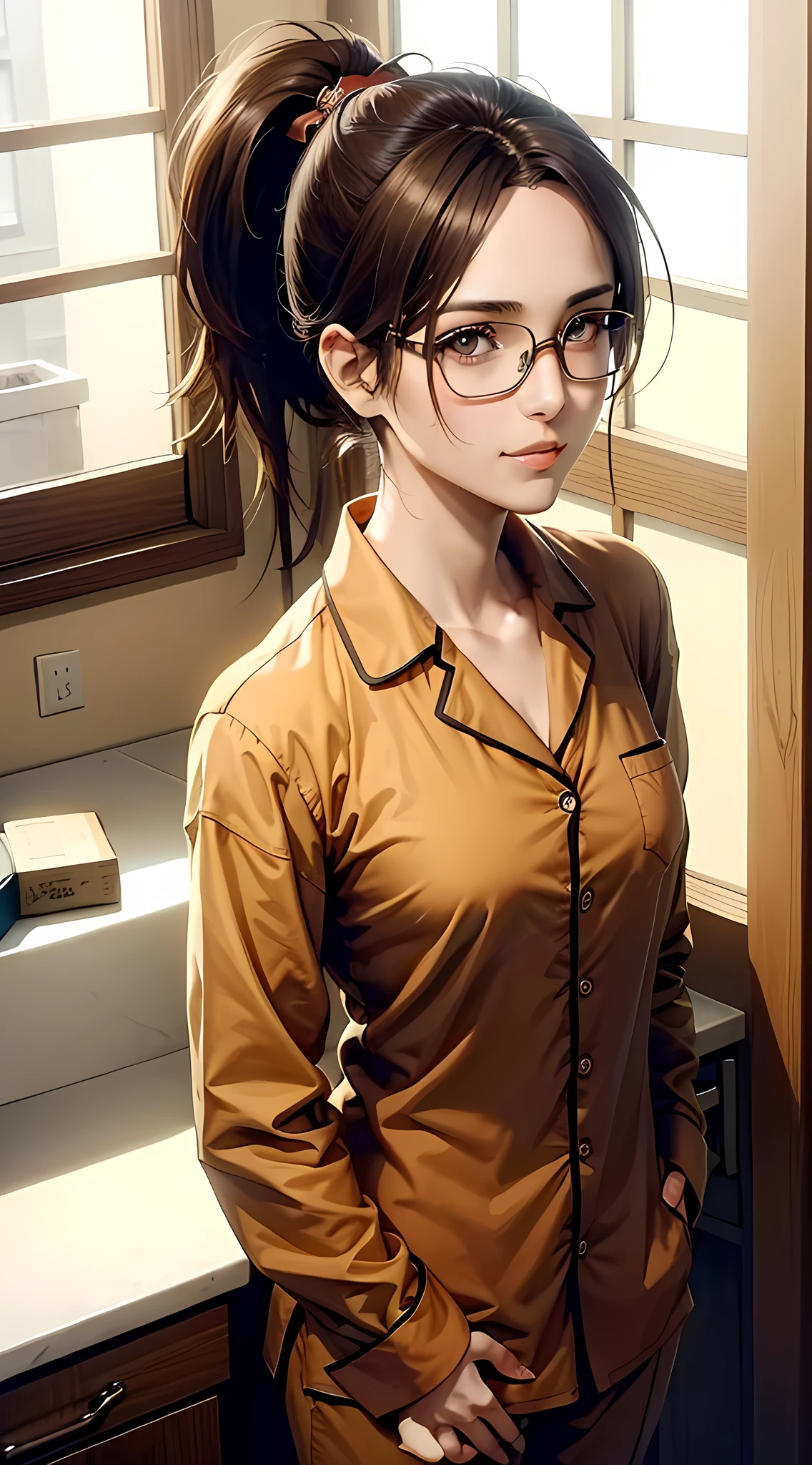 hange from the anime Shingeki no Kyojin, wearing glasses, shoulder-length hair, brown hair, ponytail, ponytail, pretty, beautiful woman, perfect body, perfect breasts, wearing brown pajamas, pajamas, sleepwear, in the kitchen, clear kitchen, looking at the viewer , little smile, realism, masterpiece, textured skin, super detail, high detail, high quality, best quality, 1080p, 16k