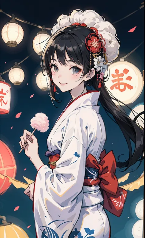 Festival stalls Japan the background、Japanese Yukata、Floral pattern on white fabric、Cotton candy in the right hand、shiny black hair、I look at this and smile、A girl about 16 years old