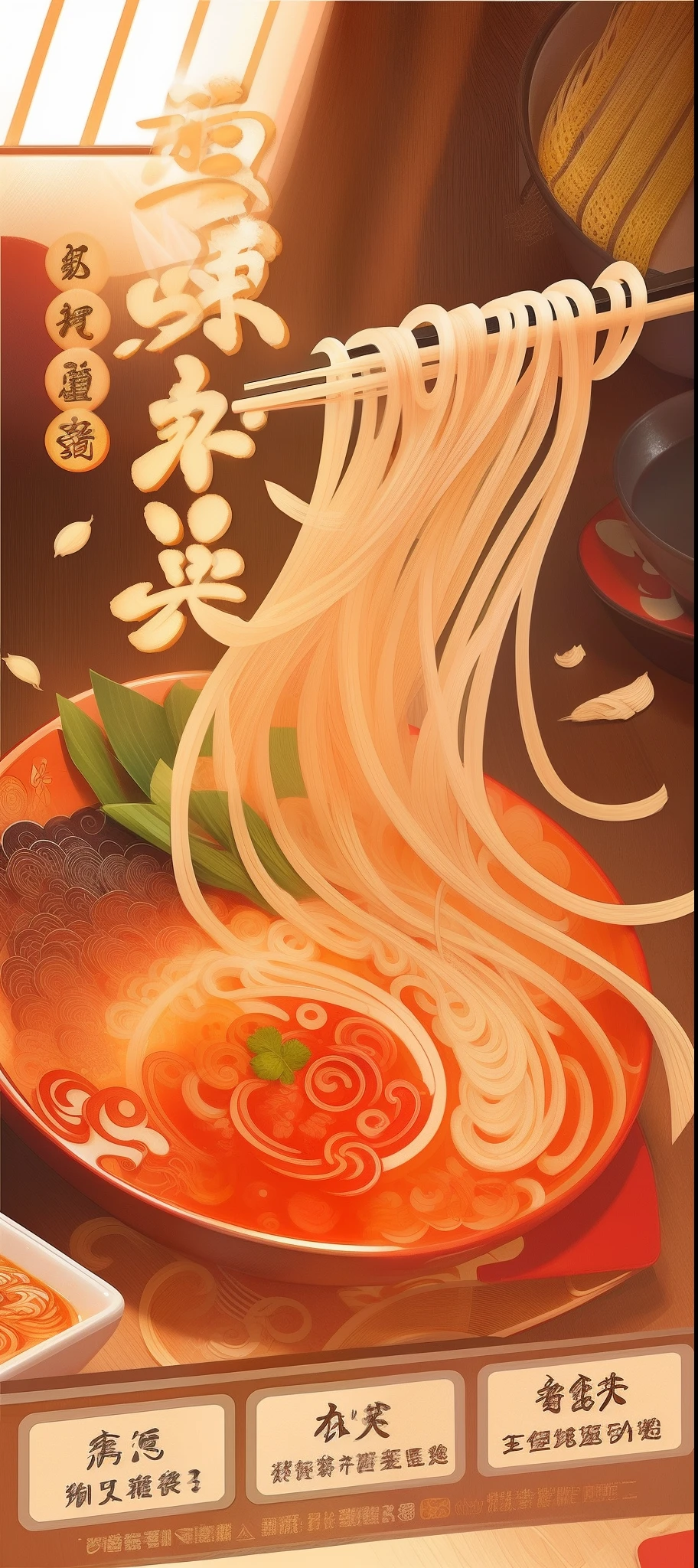 There is a poster of eating noodles with chopsticks, Amazing food illustration, A beautiful artwork illustration, inspired by Tan Ting-pho, Beautiful digital artwork, Exquisite digital illustration, Beautiful digital illustration, Cute detailed digital art, Noodles, anime food, stunning digital illustration, highly detailed digital painting, inspired by Park Hua, intricate digital painting, Vector graphics