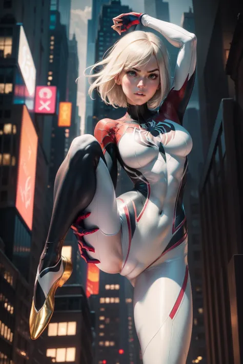 Female Spider-Man Gwen，White suit，Black spider symbol，Ballet shoes，golden ratio body, Flexible body，Calm expression，New York City at night，Handsome gestures，heroism，majestic-looking，Abs